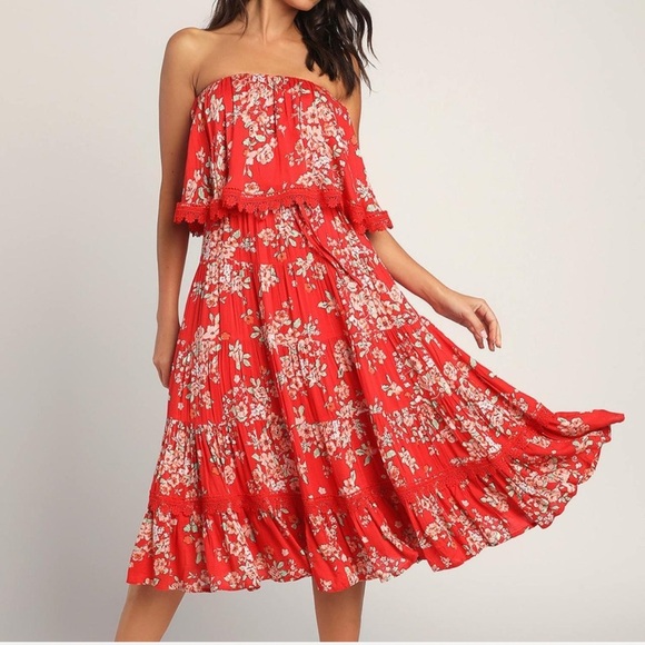 Lulus Red Floral Strapless Midi Dress Small Ruffle Boho Summer Tiered Skirt - Picture 1 of 8